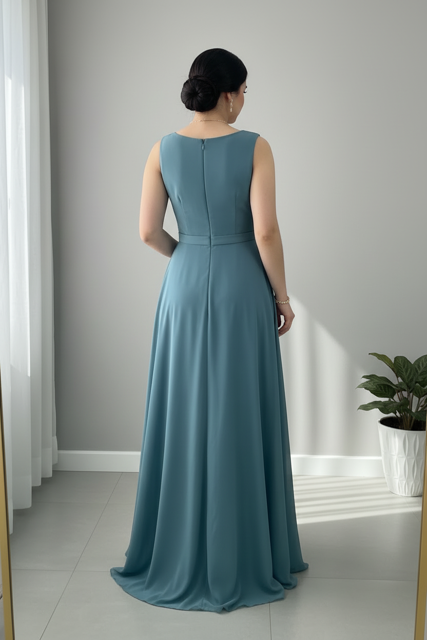 Vestido Largo Azul Acero — Escote V Cruzado, Rosa 3D Cintura & Abertura Frontal cod.886