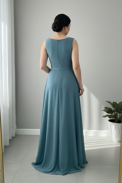 Vestido Largo Azul Acero — Escote V Cruzado, Rosa 3D Cintura & Abertura Frontal cod.886