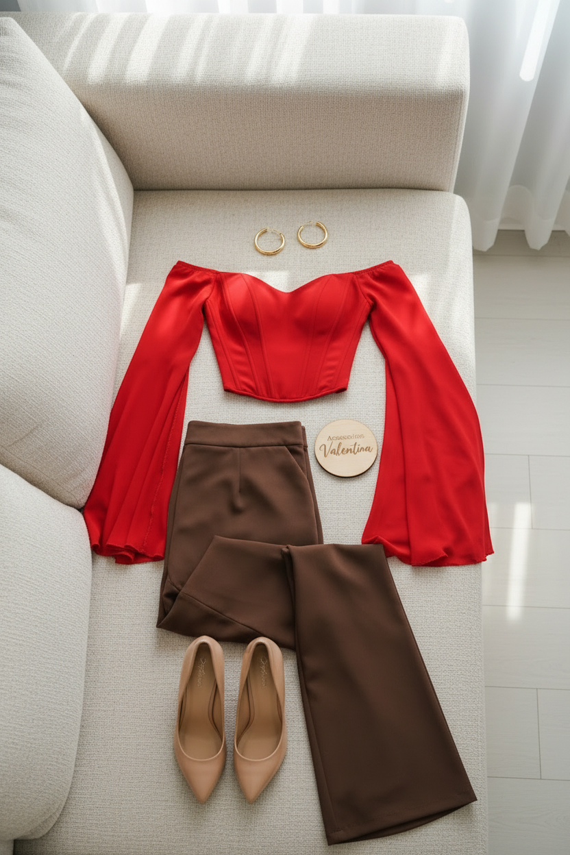 Conjunto Rojo Pasión con Pantalón Café cod.755