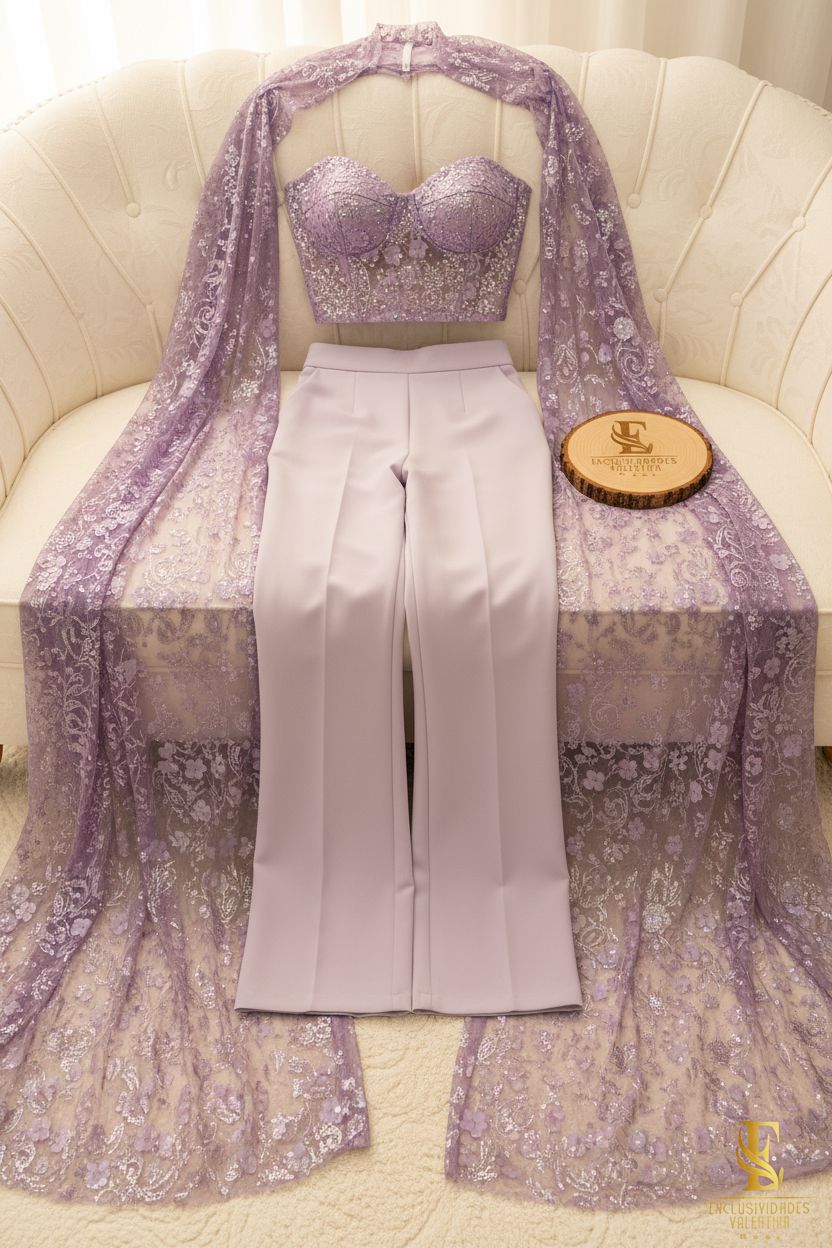 Conjunto Lila Encaje Capa 3 Piezas cod.911