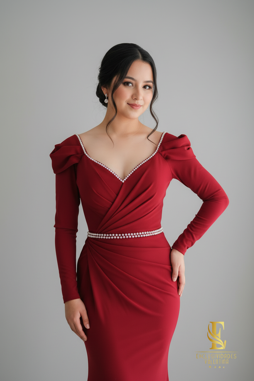 Vestido Sirena Rojo Vino con Cinturón Doble de Cristales Cod.V243