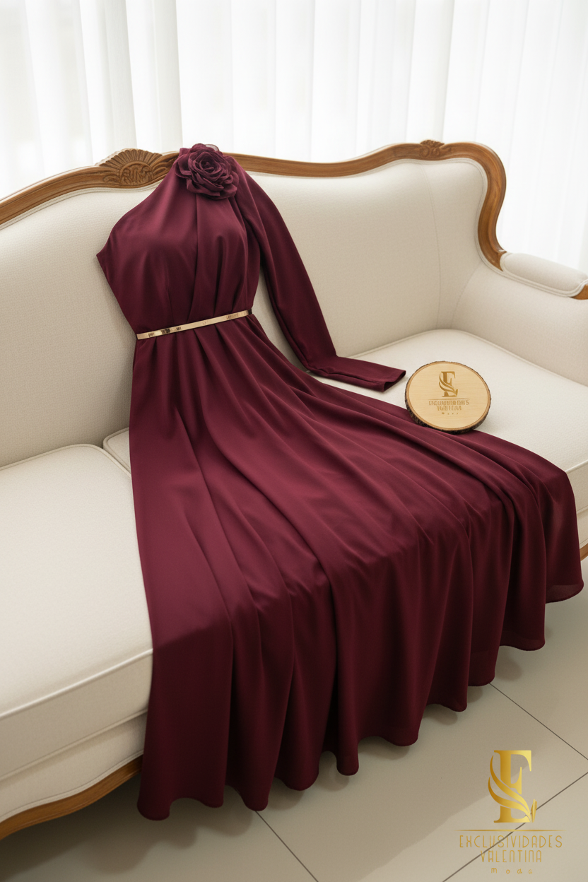 Vestido Vino Un Hombro Rosa 3D Cinturón Dorado cod.0091