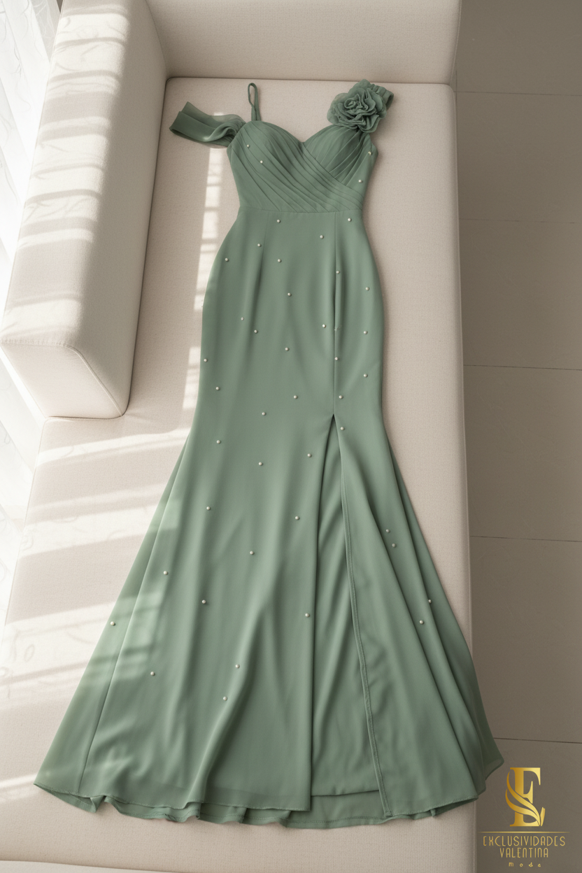 Vestido Verde Salvia Sirena con Perlas cod.V341