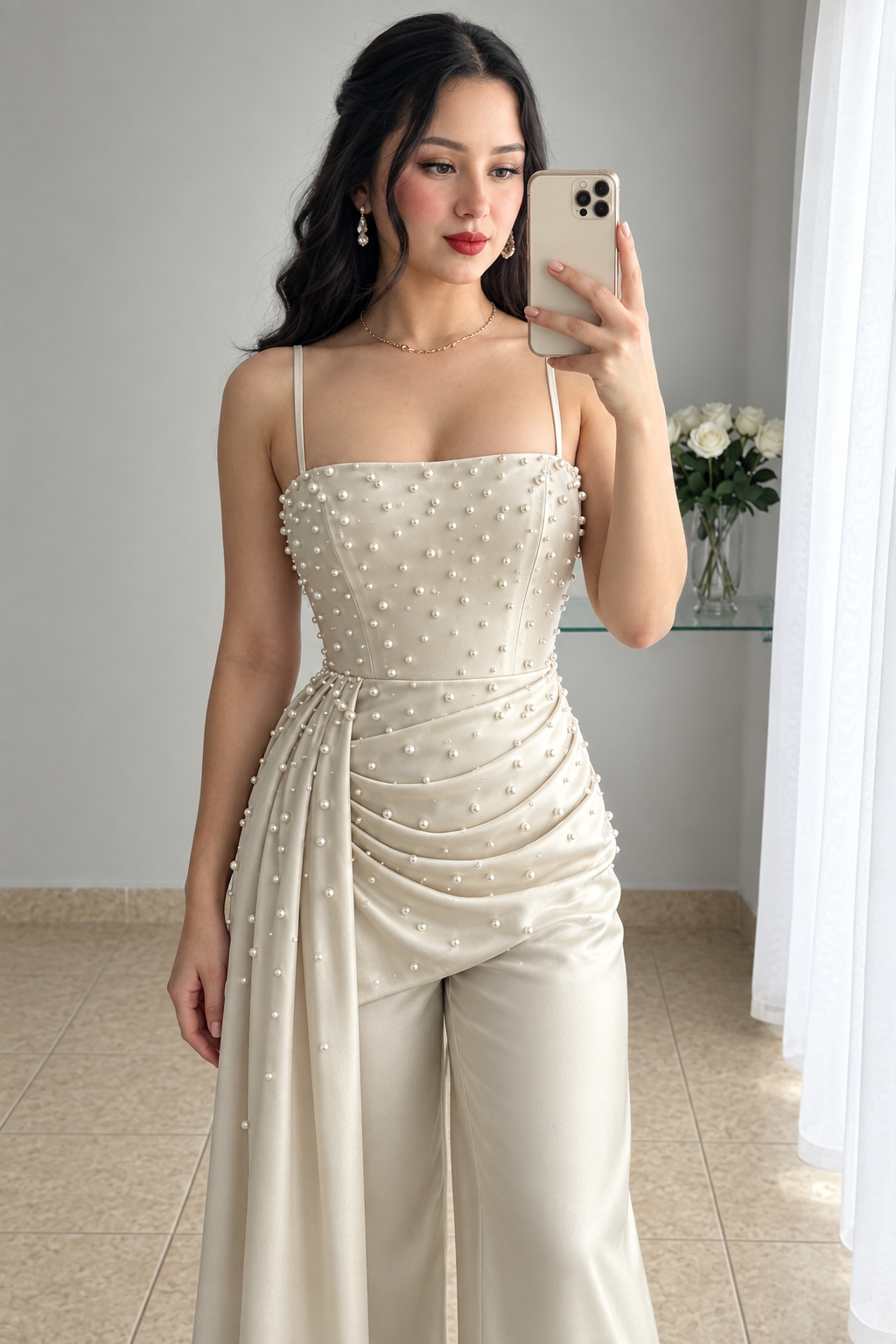 Enterizo Cream, Bustier Perlas Drapeado Lateral Pantalón Recto cod.E0006