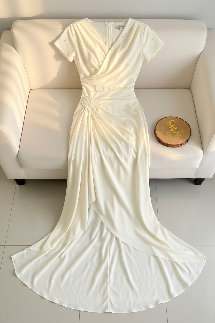 Vestido Drapeado Crema — Perlas, Broche & Falda Asimétrica cod.872