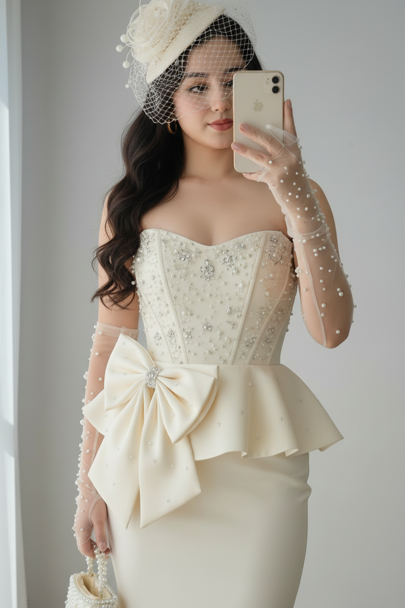 Conjunto Nupcial Ivory Corset Perlas Peplum Lazo y Falda Lápiz cod.C0032