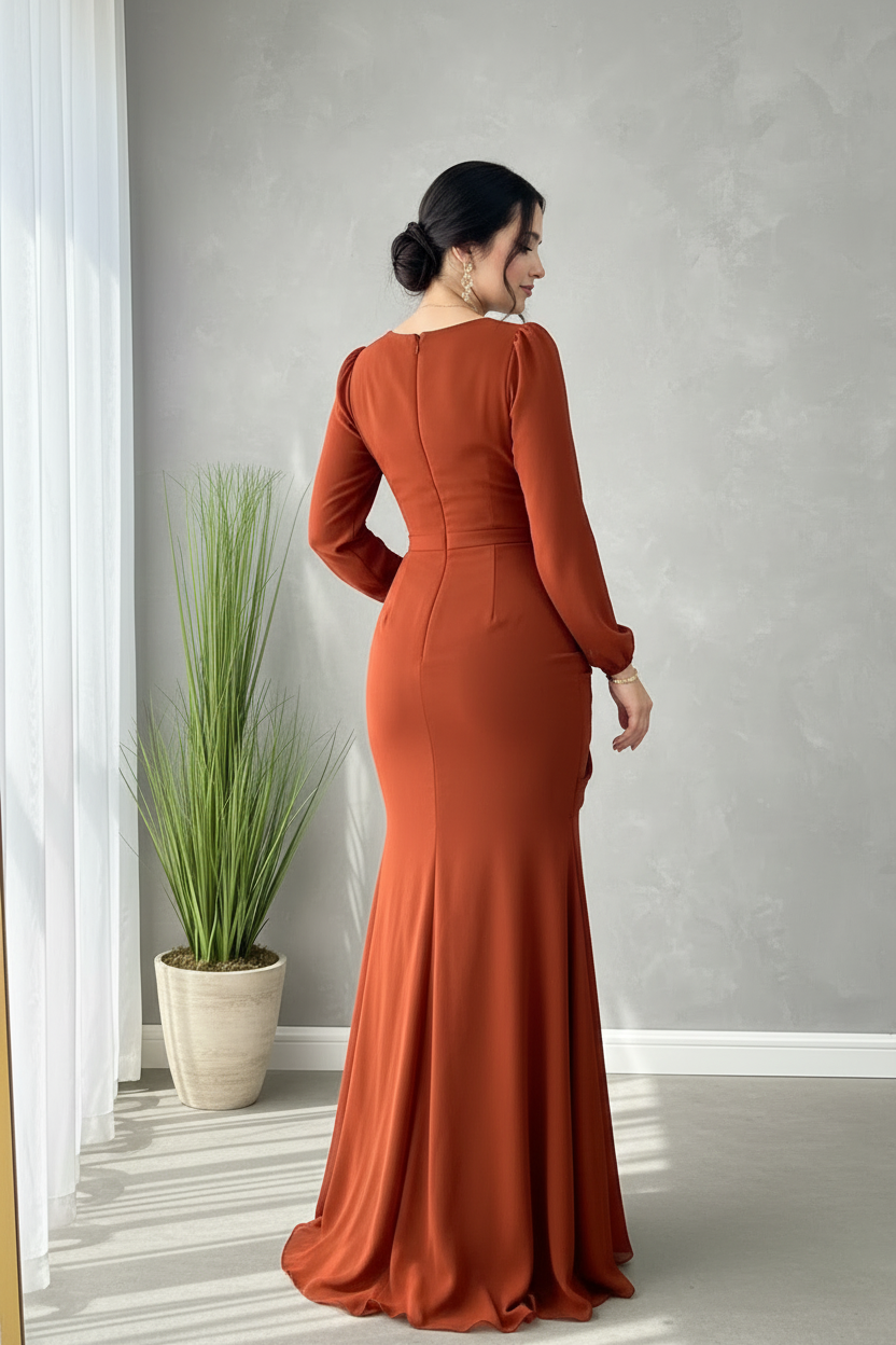 Vestido Terracota Manga Larga Sirena con Rosa D cod.967