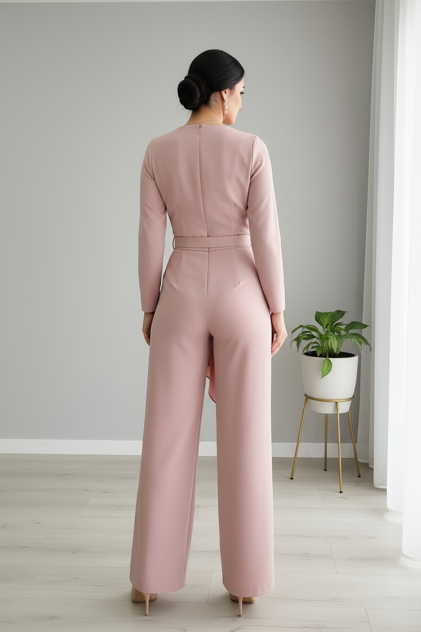 Jumpsuit Rosa Palo — Escote V, Rosa 3D & Caída Asimétrica cod.875