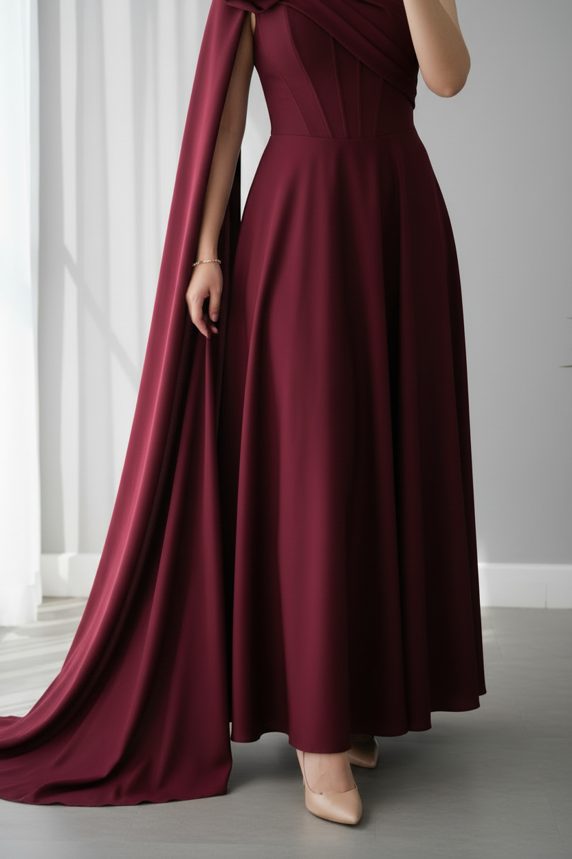 Vestido Vino Tinto Un Hombro con Capa y Rosa D cod.717