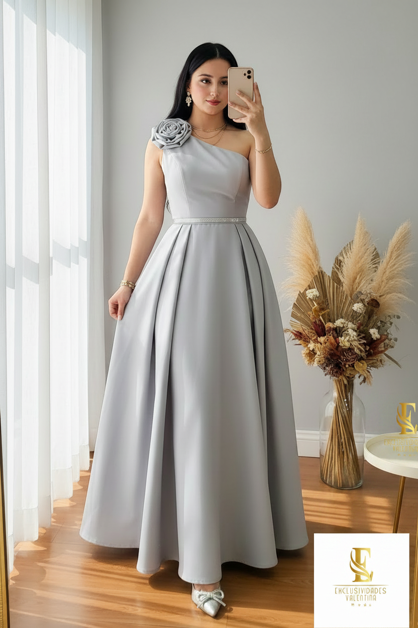 Vestido Gris Hombro Asimétrico Rosa D cod.162