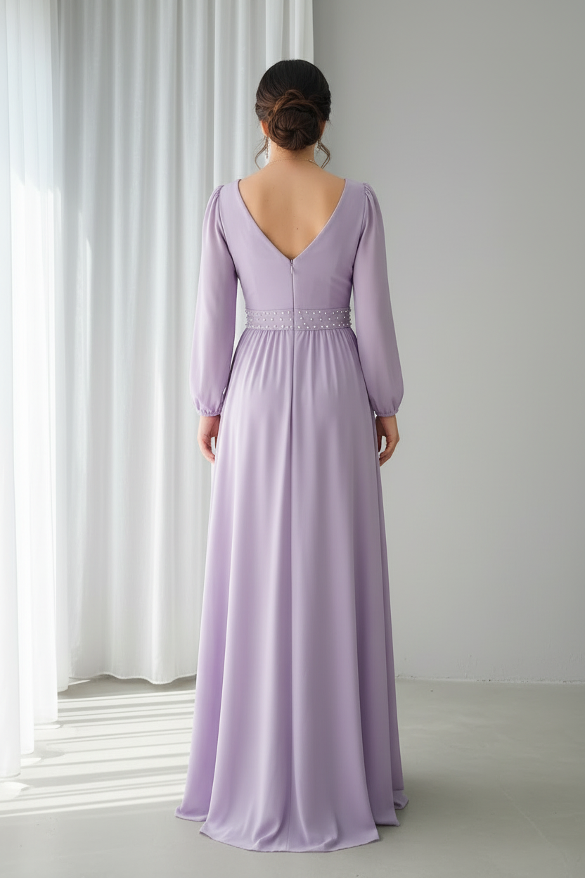 Vestido Lavanda — Escote V Cruzado, Perlas & Abertura cod.861