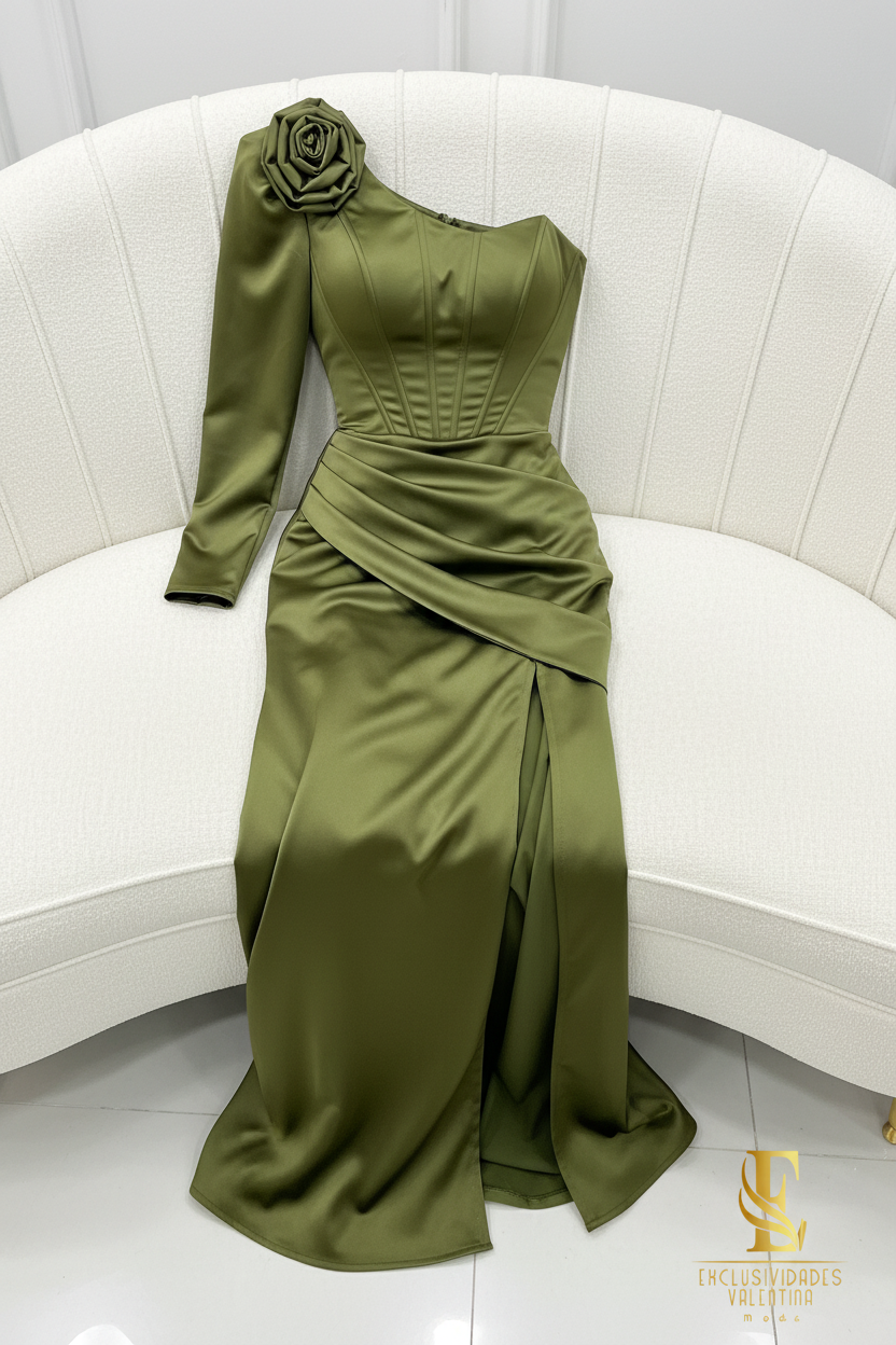 Vestido Satinado Verde Militar Un Hombro cod.00186