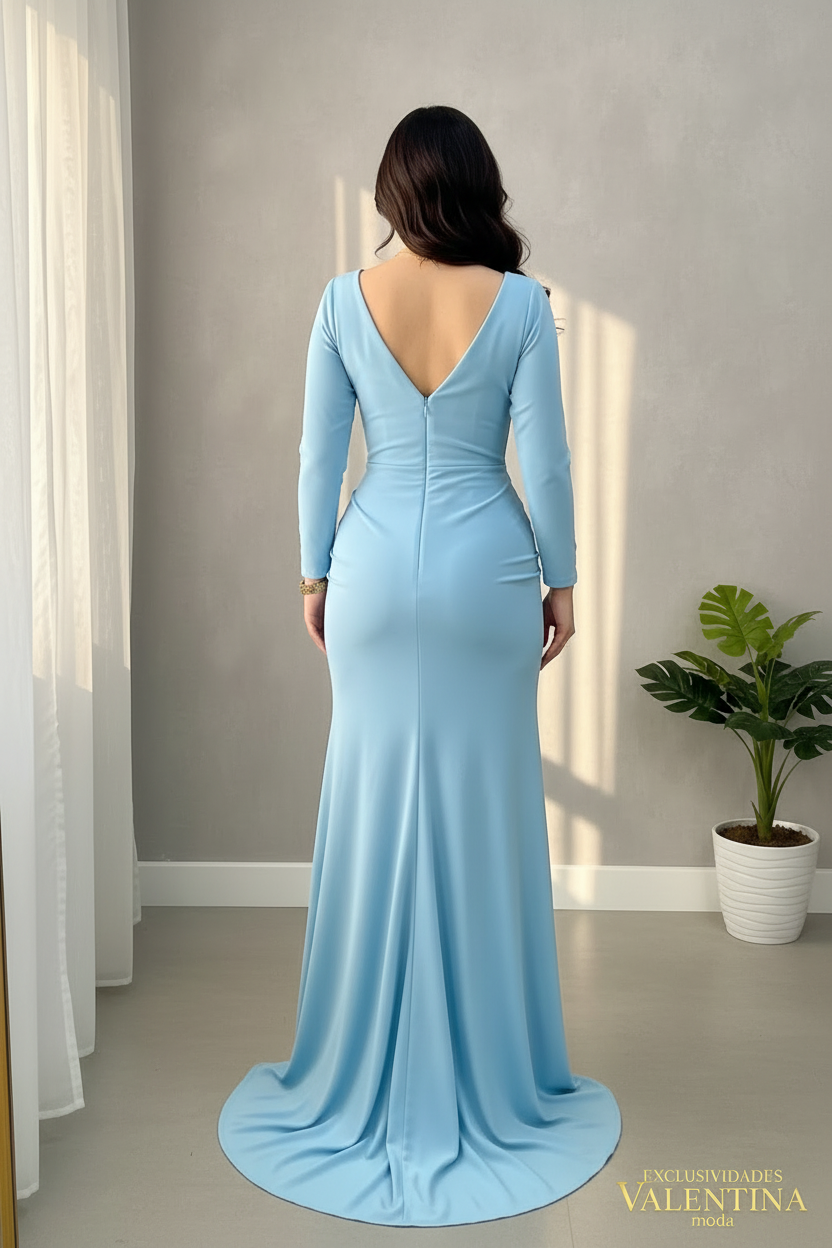 Vestido Largo Azul Cielo Manga Larga con Abertura cod.V713