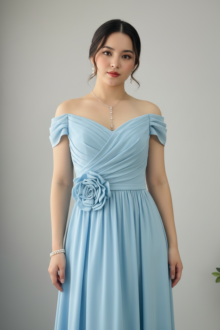 Vestido Azul Cielo — Rosa 3D & Hombros Descubiertos cod.855