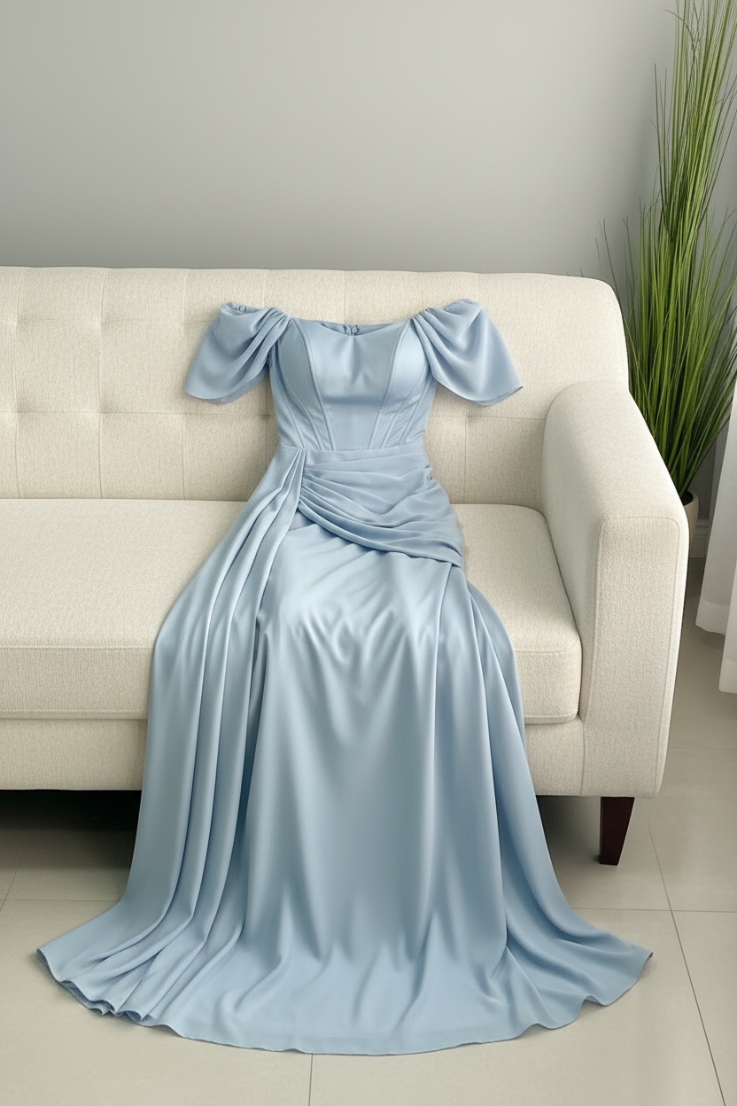 Vestido Azul Cielo Off-Shoulder Drapeado Maxi cod.V679