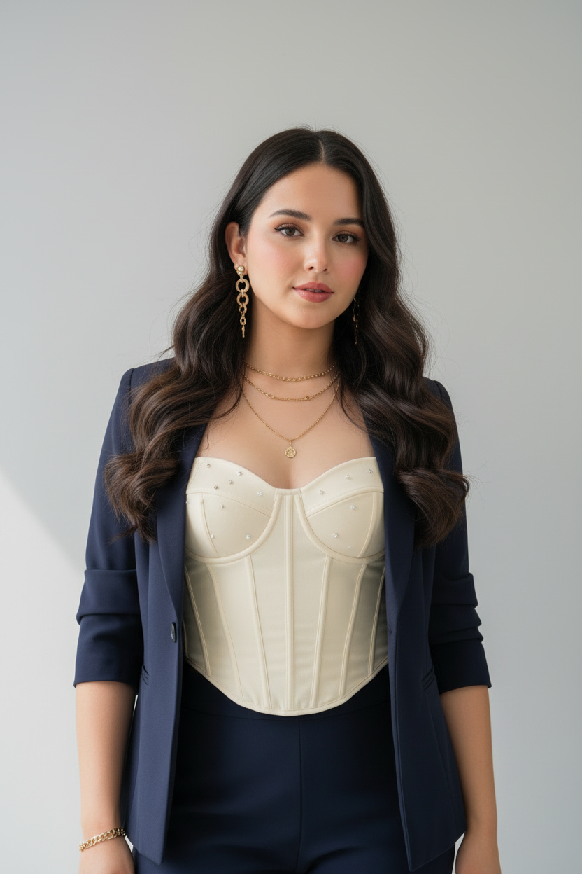 Conjunto Azul Marino Blazer con Corset Strapless y Pantalón Acampanado cod.652