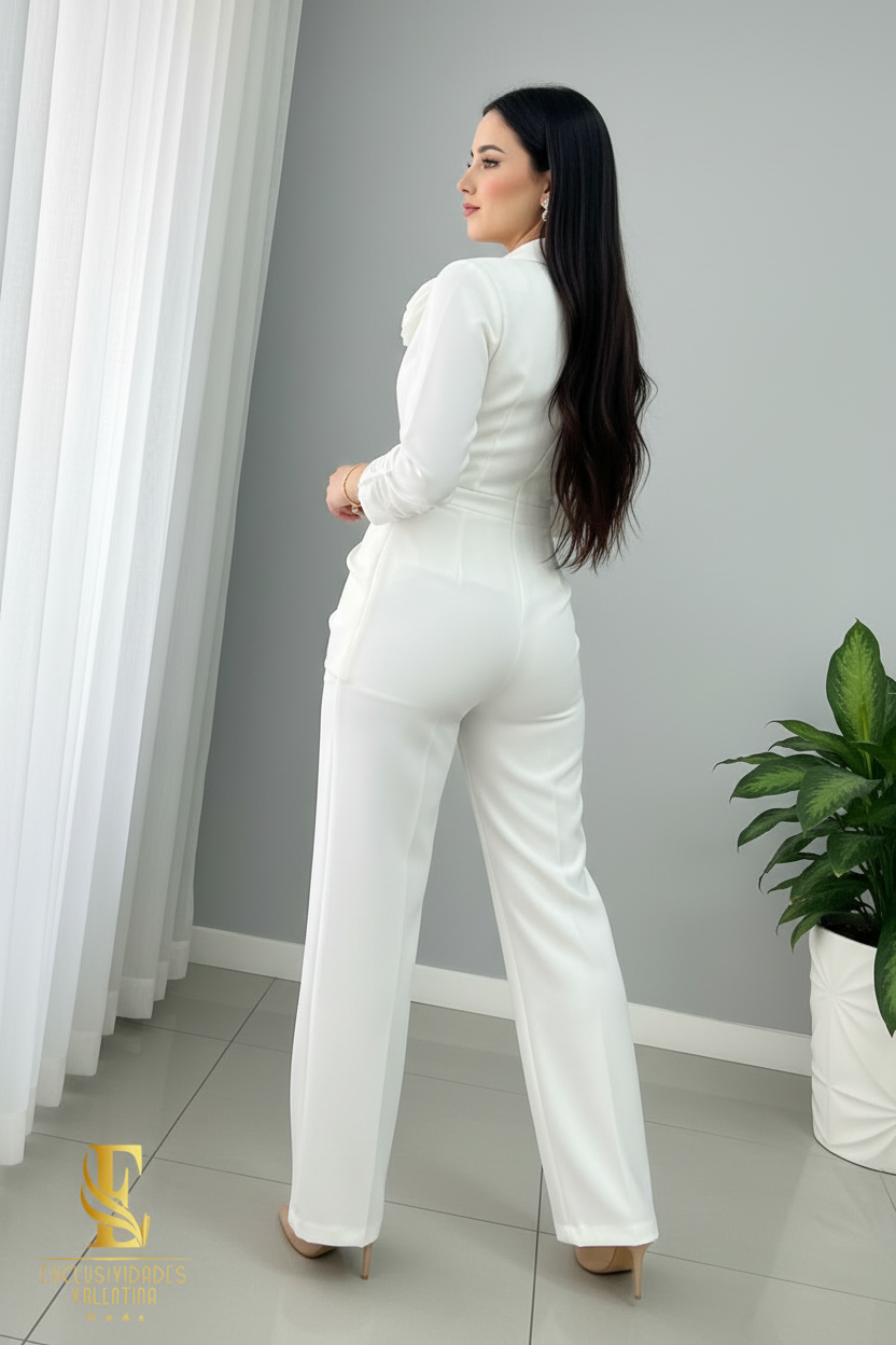 Conjunto Blanco — Blazer Cruzado Drapeado Rosa 3D & Pantalón cod.0040