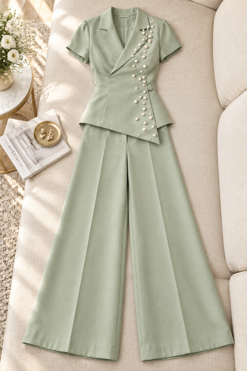 Conjunto Verde Sage Blazer Cruzado Perlas Manga Corta + Palazzo cod.CJ003