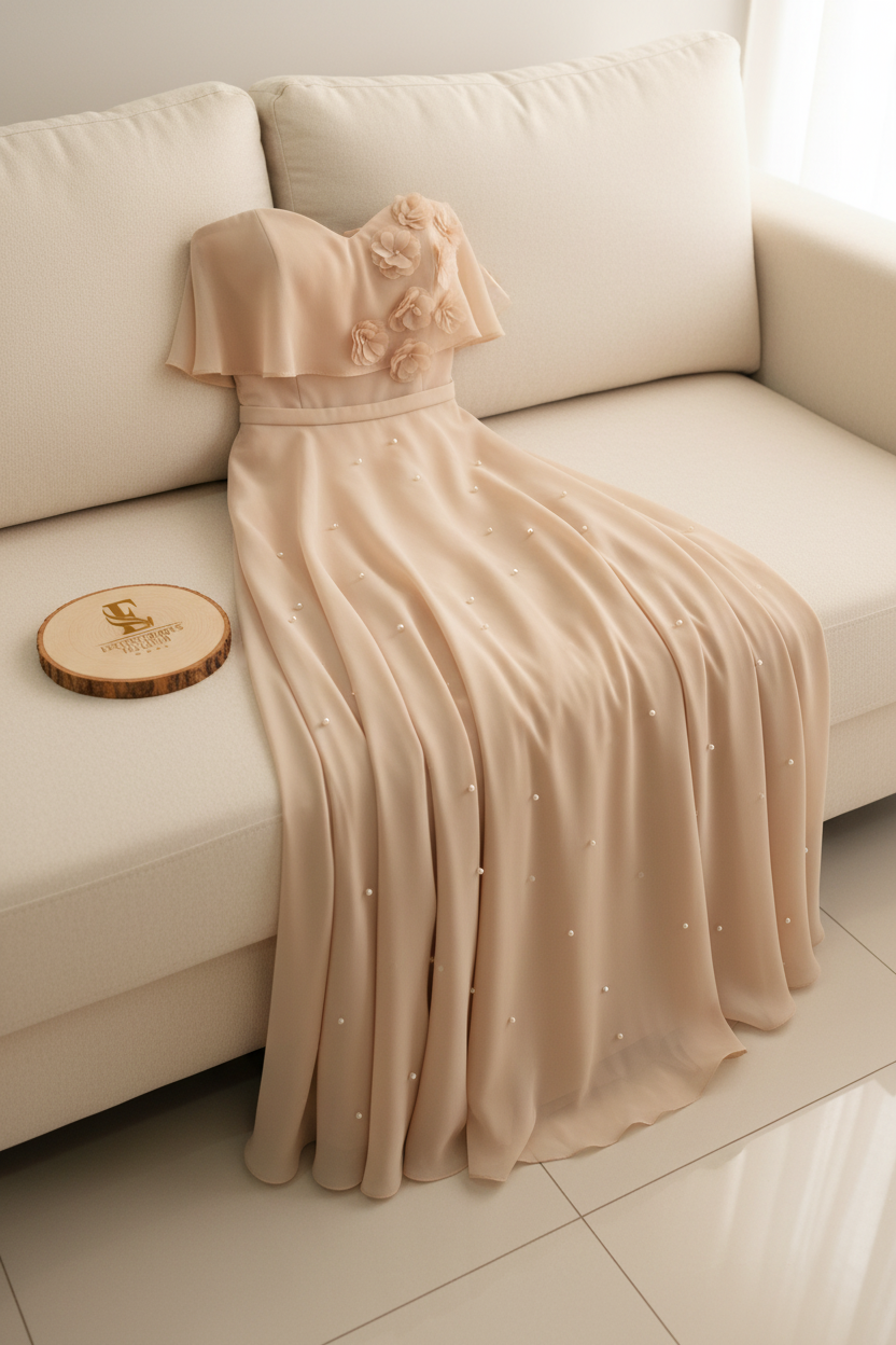 Conjunto Beige Dorado — Top Floral & Falda Perlas cod.856