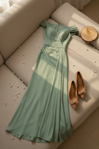 Vestido Formal Verde Salvia Off-Shoulder con Drapeado y Cola cod.517