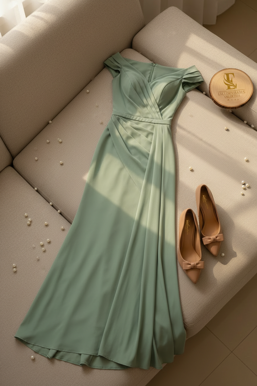 Vestido Formal Verde Salvia Off-Shoulder con Drapeado y Cola cod.517