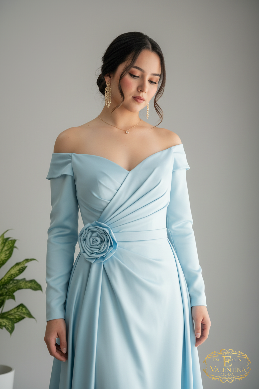 Vestido Azul Cielo Off-Shoulder Manga Larga Rosa D3 cod.919
