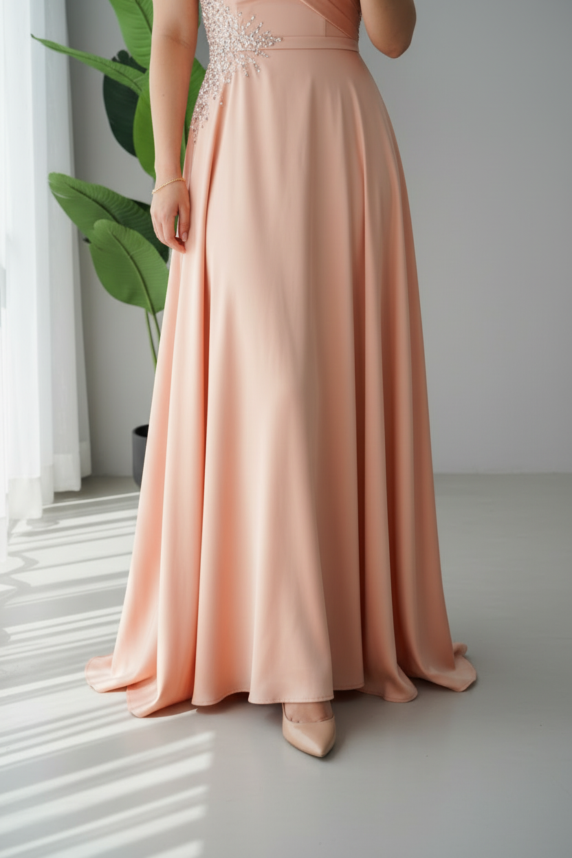 Vestido Peach Crystal Off-Shoulder – Gown Salmón Hombros Caídos con Bordado de Cristales cod.692