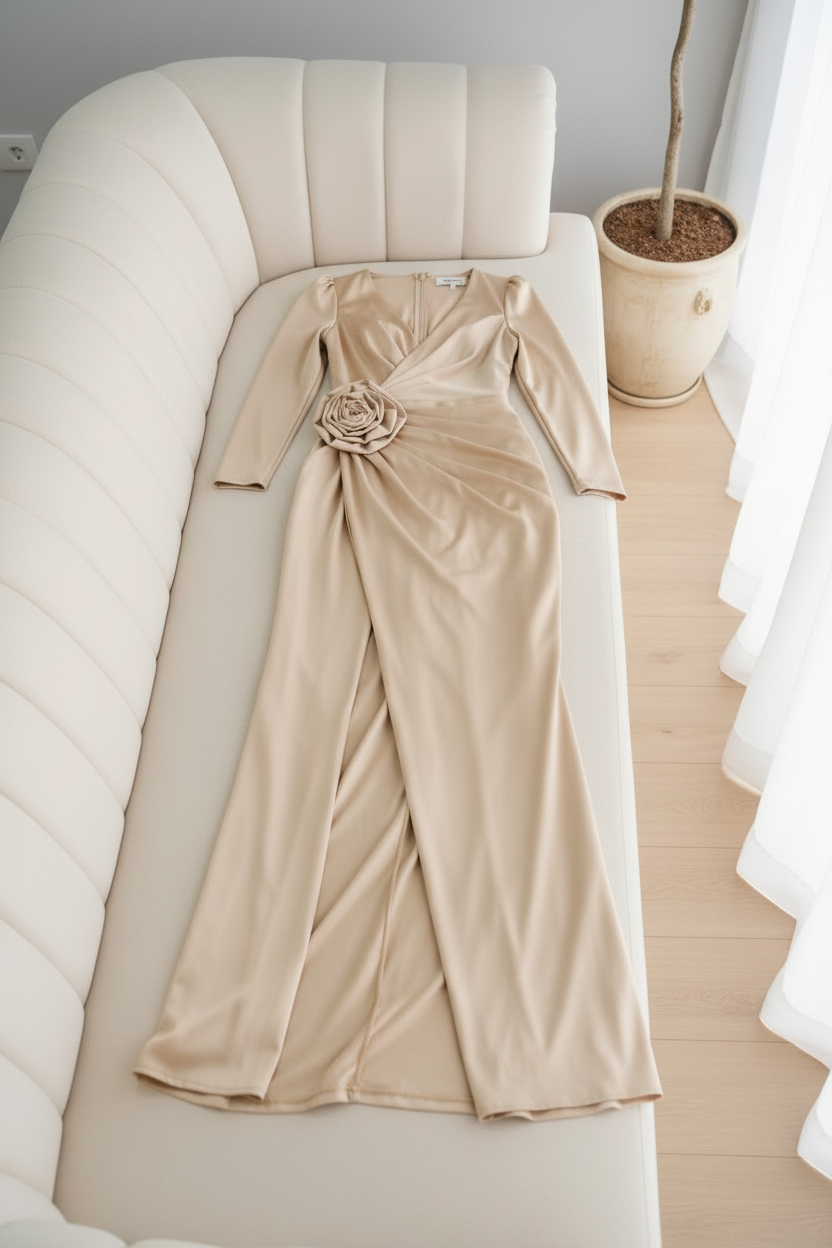 Vestido Champagne Manga Larga con Rosa 3D y Abertura cod.V604