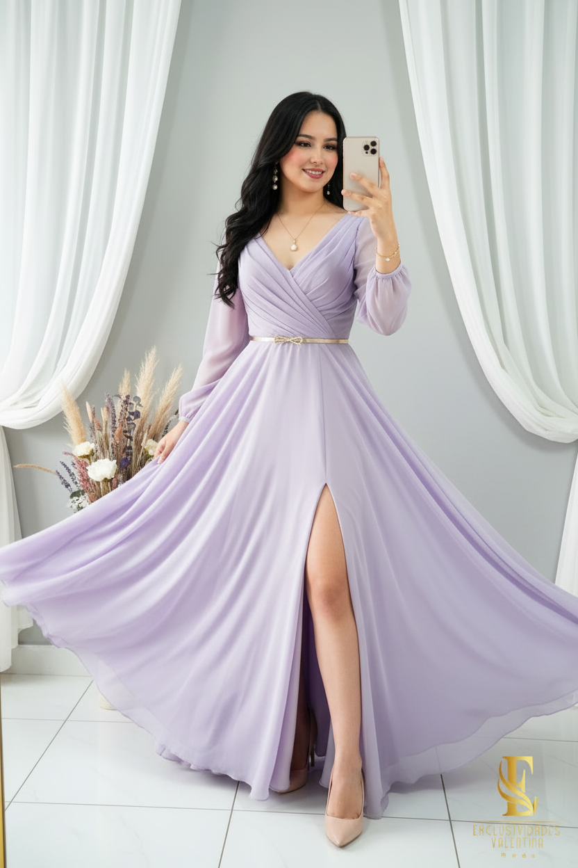 Vestido Lila Lavanda Largo Manga Globo Escote V con Cinturón Lazo Dorado cod.V299