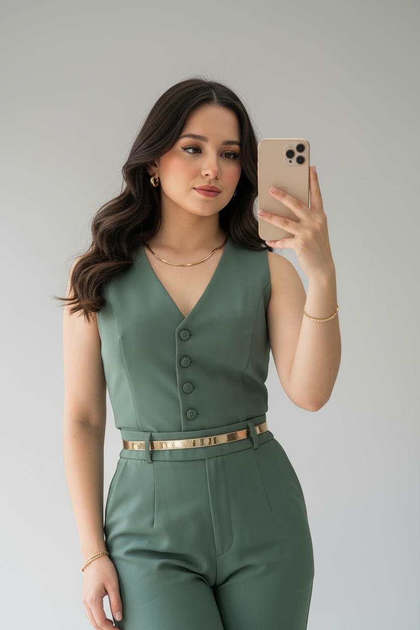 Conjunto Dos Piezas Verde Sage Chaleco con Botones y Pantalón Palazzo cod.533