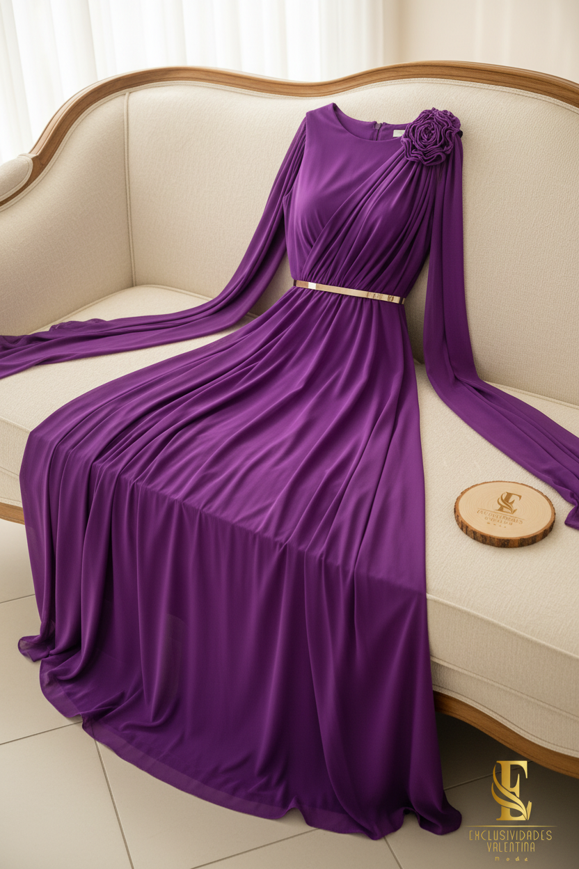 Vestido Morado Chiffon con Capa y Rosa 3d cod.0094