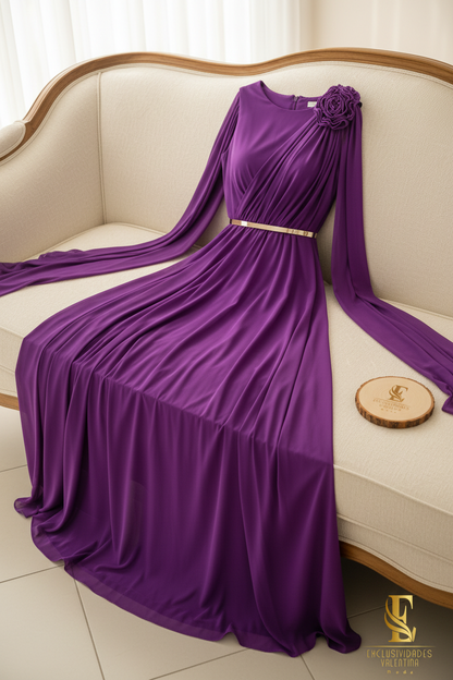 Vestido Morado Chiffon con Capa y Rosa 3d cod.0094
