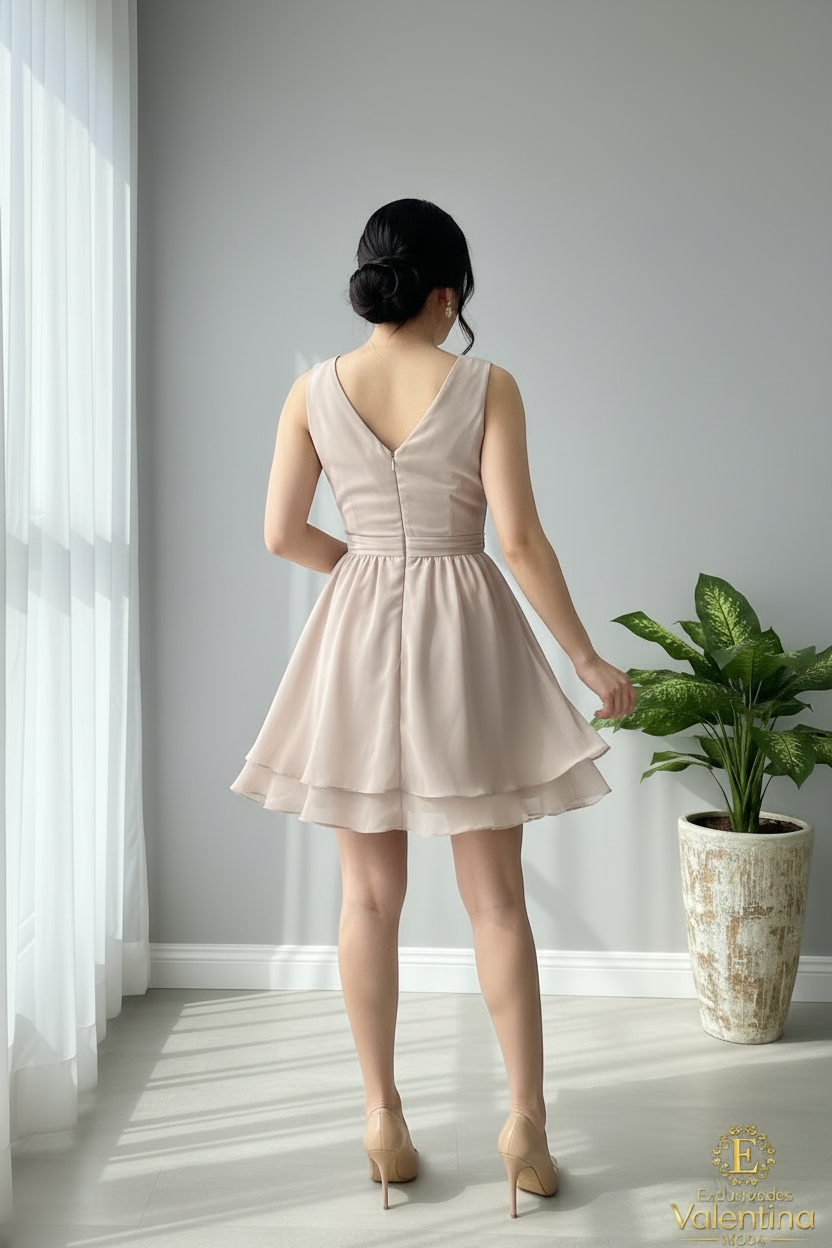 Vestido Beige Champagne Escote V Cruzado Falda Capas Chifón cod.932