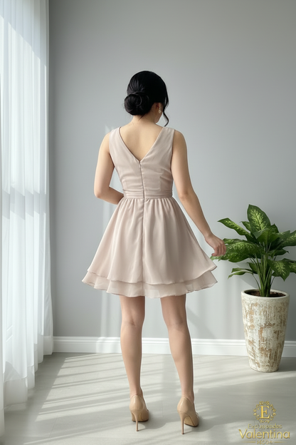 Vestido Beige Champagne Escote V Cruzado Falda Capas Chifón cod.932