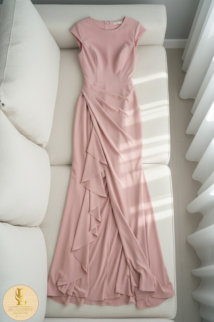 Vestido Rosa Palo Cuello Redondo con Drapeado Lateral y Cola cod.729