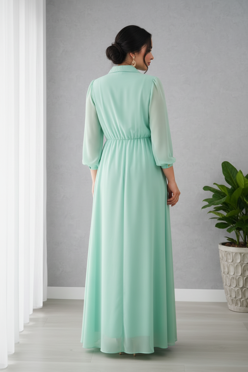 Vestido Verde Agua Menta Gasa Manga 3/4 Cuello Camisero Botones Dorados A-Line cod.830