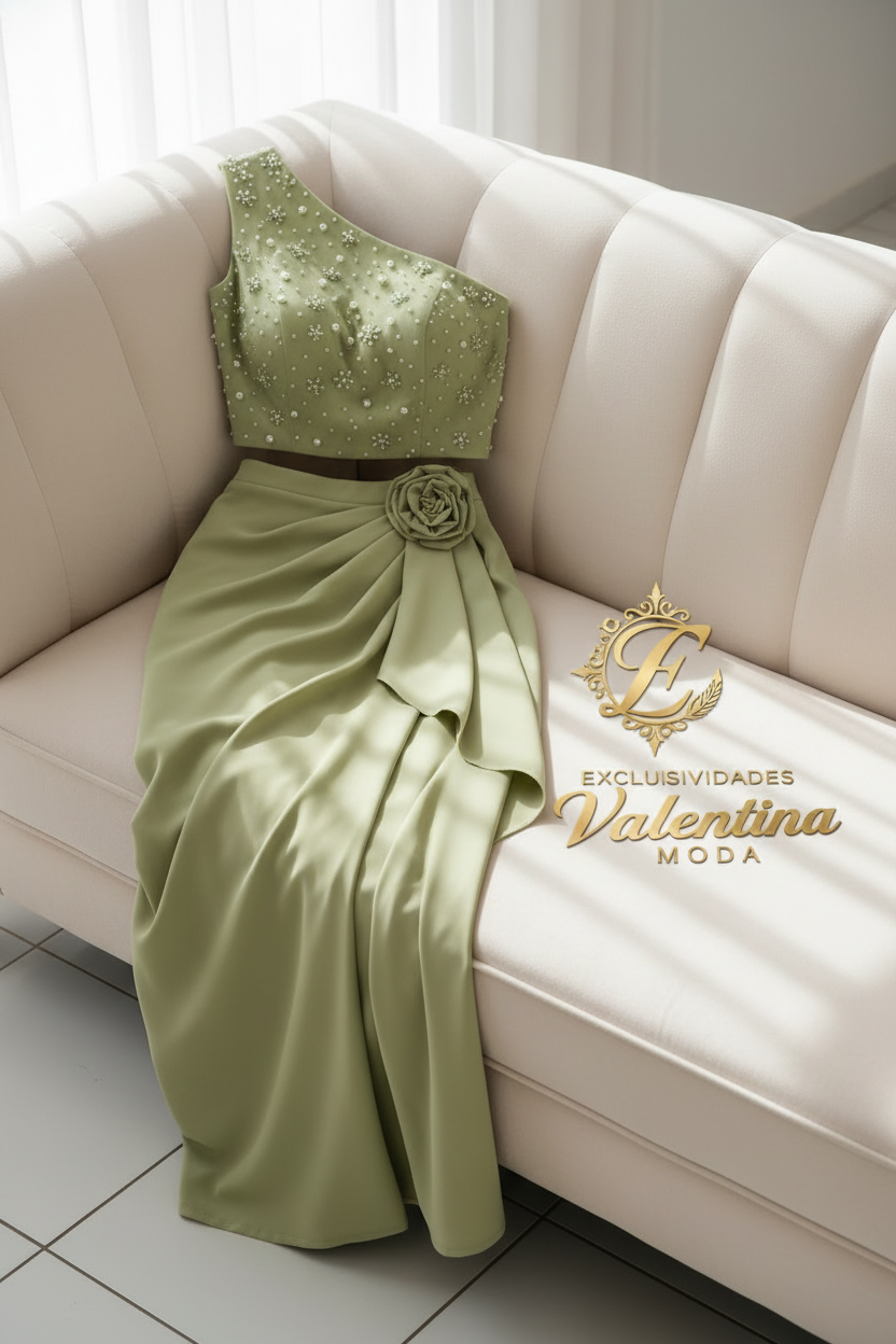 Conjunto Dos Piezas Verde Oliva Top Bordado Floral con Perlas y Rosa 3D cod.C947