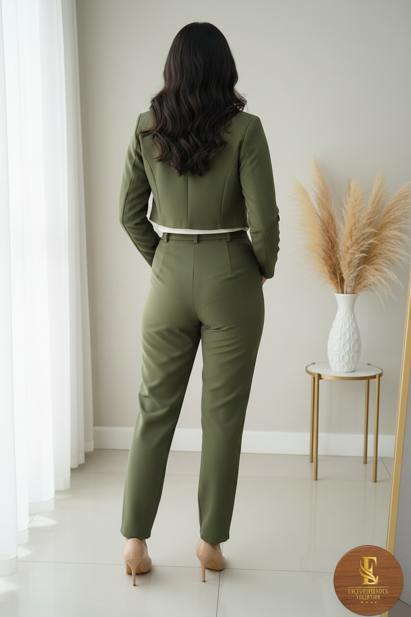 Conjunto Verde Olivo Blazer Crop Pantalón Pinzas Tiro Alto cod.00114