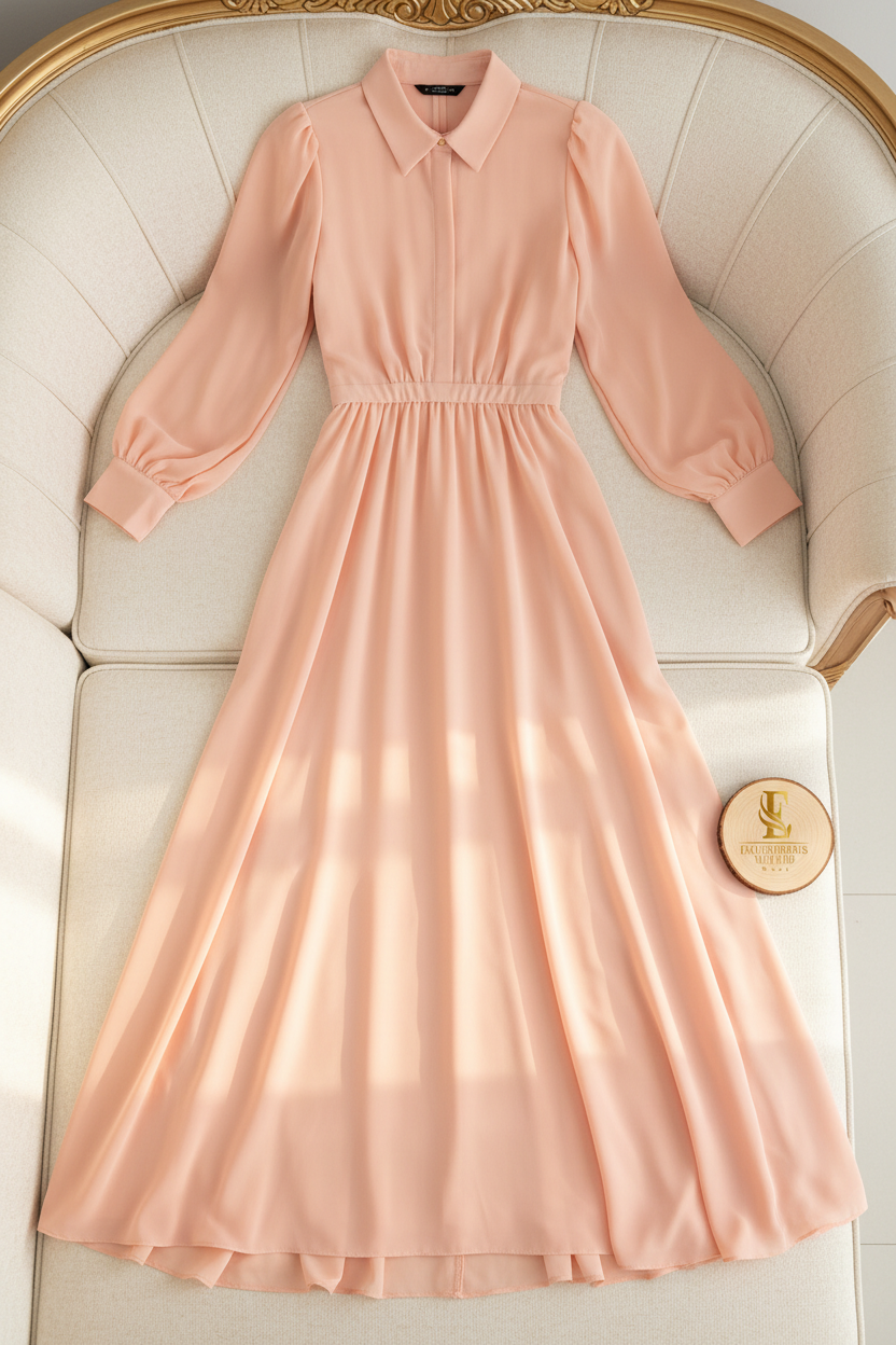 Vestido Peach Rosa Salmon Manga Abullonada Cuello Camisero Cintura Fruncida A-Line cod.829
