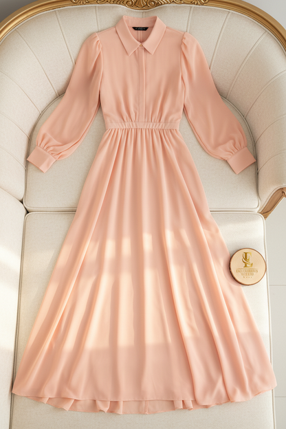 Vestido Peach Rosa Salmon Manga Abullonada Cuello Camisero Cintura Fruncida A-Line cod.829