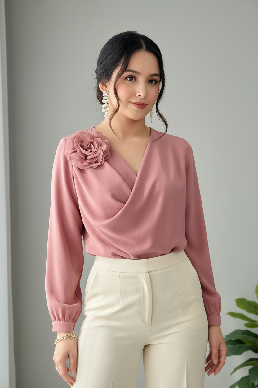Blusa Rosa Palo — Escote V Cruzado & Rosa D cod.867