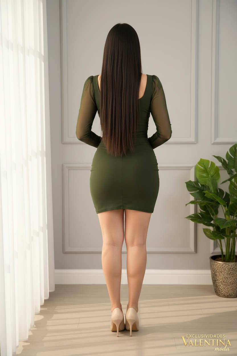 Vestido Corto Verde Olivo Manga Tul cod.V716