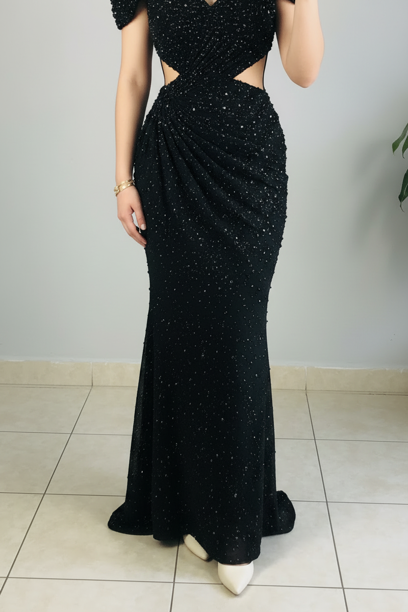 Vestido Formal Negro Off-Shoulder Pedrería Completa con Cutouts Laterales cod.524