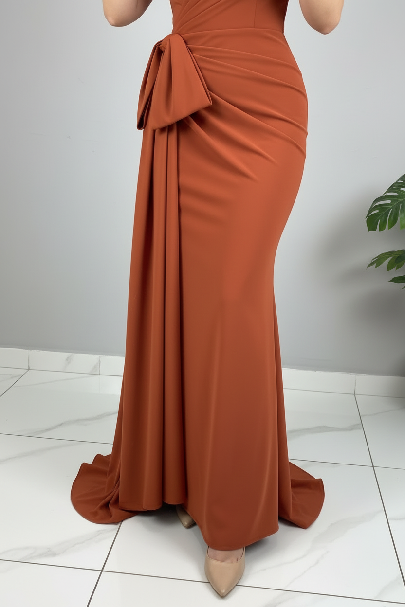 Vestido Sirena Terracota Off-Shoulder con Lazo cod.638