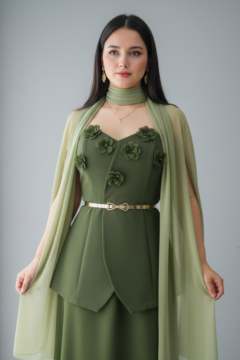 Conjunto Verde Olivo con Capa y Flores D cod.635