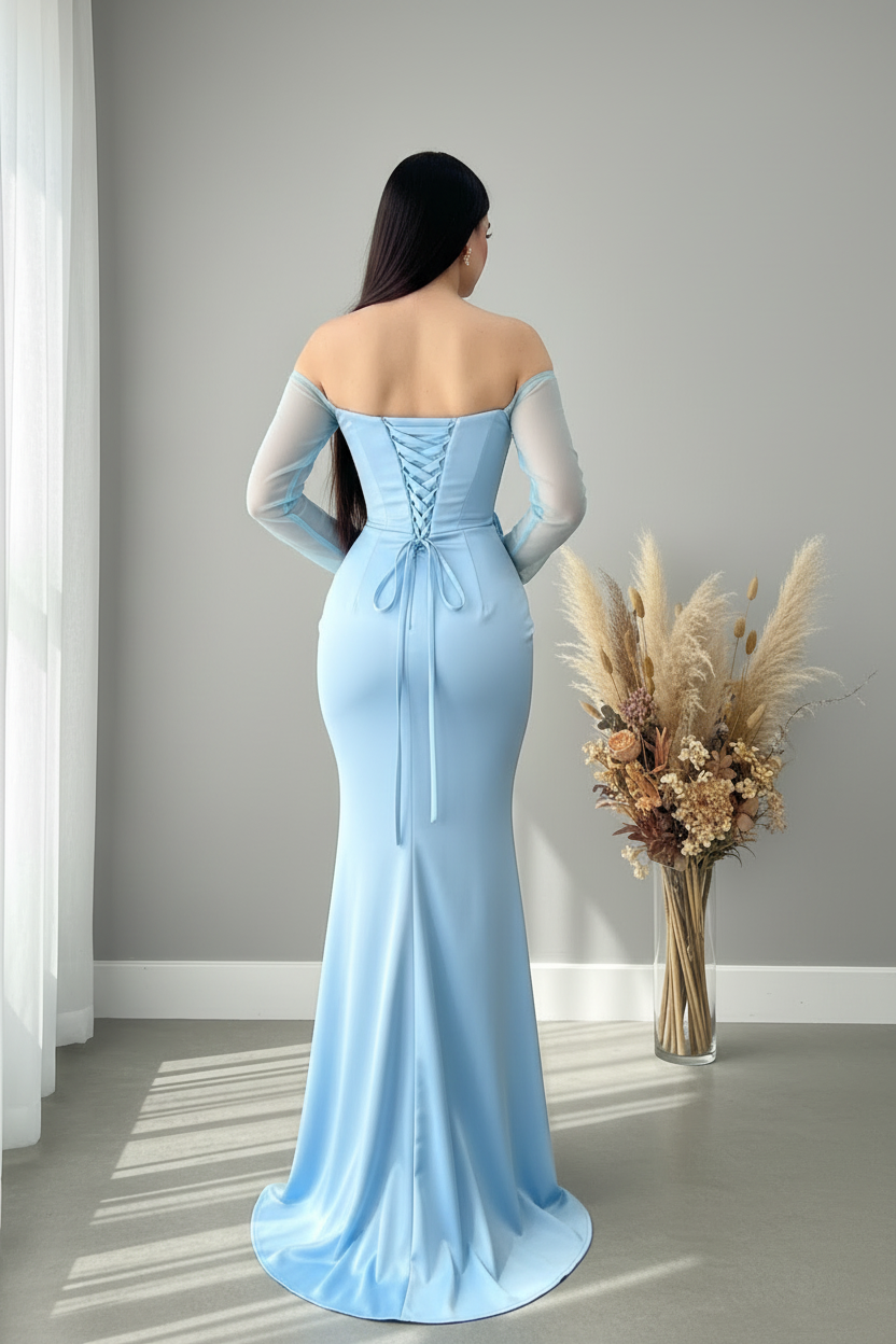 Vestido Azul Cielo Off-Shoulder Manga Tul Rosa D cod.V424