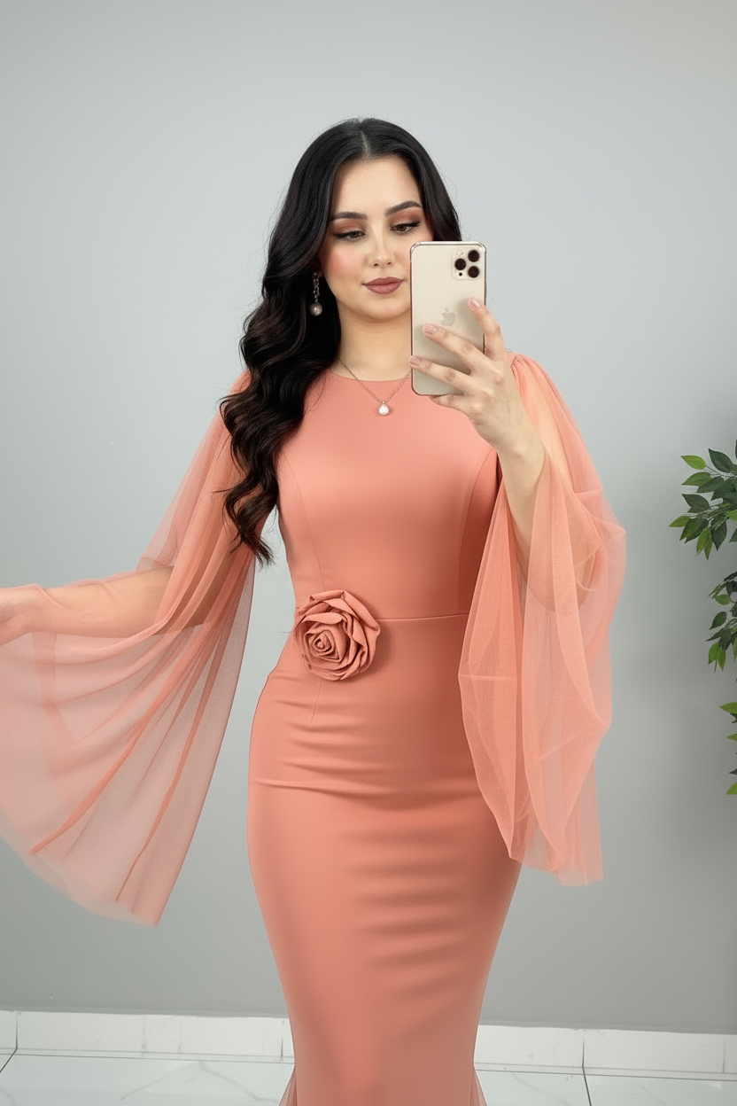 Vestido Salmón Sirena Tul Campana Rosa D cod. 604