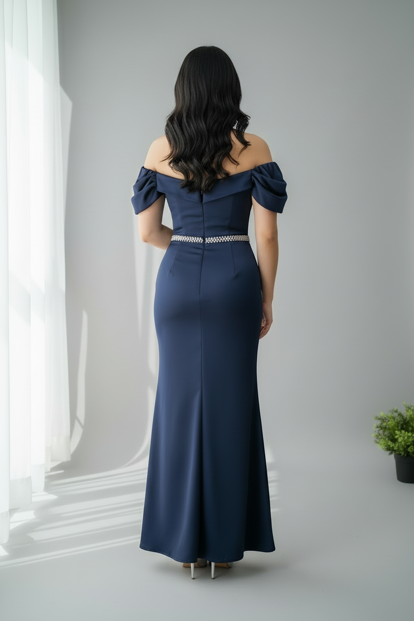 Vestido Azul Marino Off-Shoulder con Perlas en Escote y Cintura Sirena cod.741