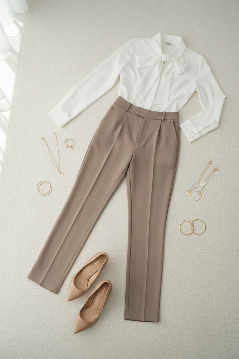 Pantalón beige talle alto recto cigarette pinzas C.1948