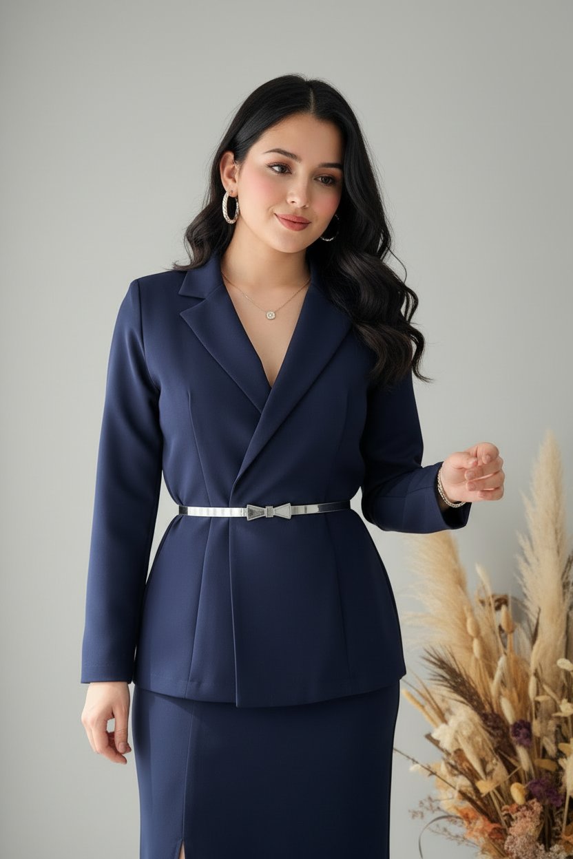 Conjunto Azul Marino Blazer Cruzado y Falda Maxi con Abertura cod.C372